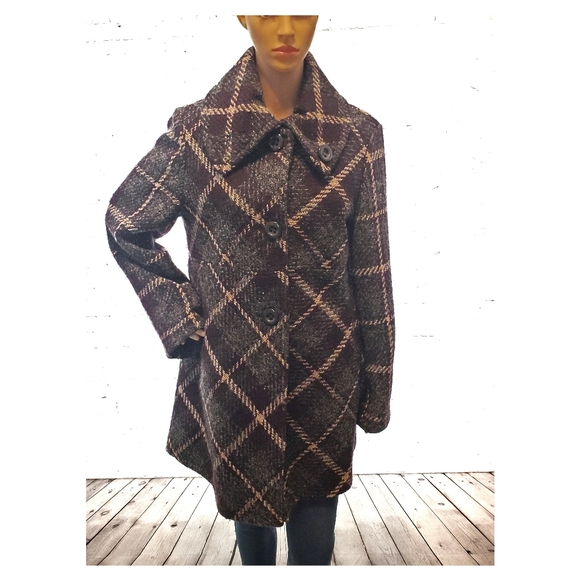 Larry Levine Grey and Maroon Wool Check Pea coat - Picture 2 of 8